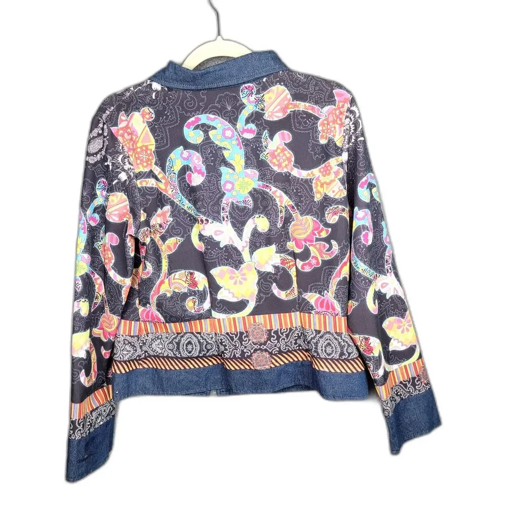 Cubism Full Zip Jacket Navy Multicolor M Rhinestone Art To Wear Vintage 90s